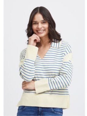 FRANSA Striped Carmen Sweater Small Nautical Sailor Cream Blue Coastal Travel